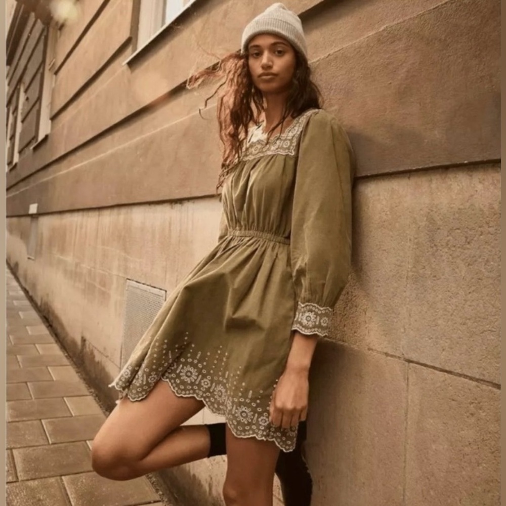 Madewell Olive Eyelet Embroidered Corded Dress